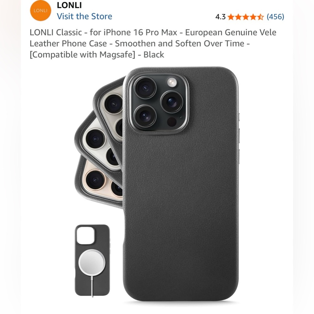 LONLI - Genuine Leather Phone Case for iPhone 16 Pro Max - MagSafe - Black